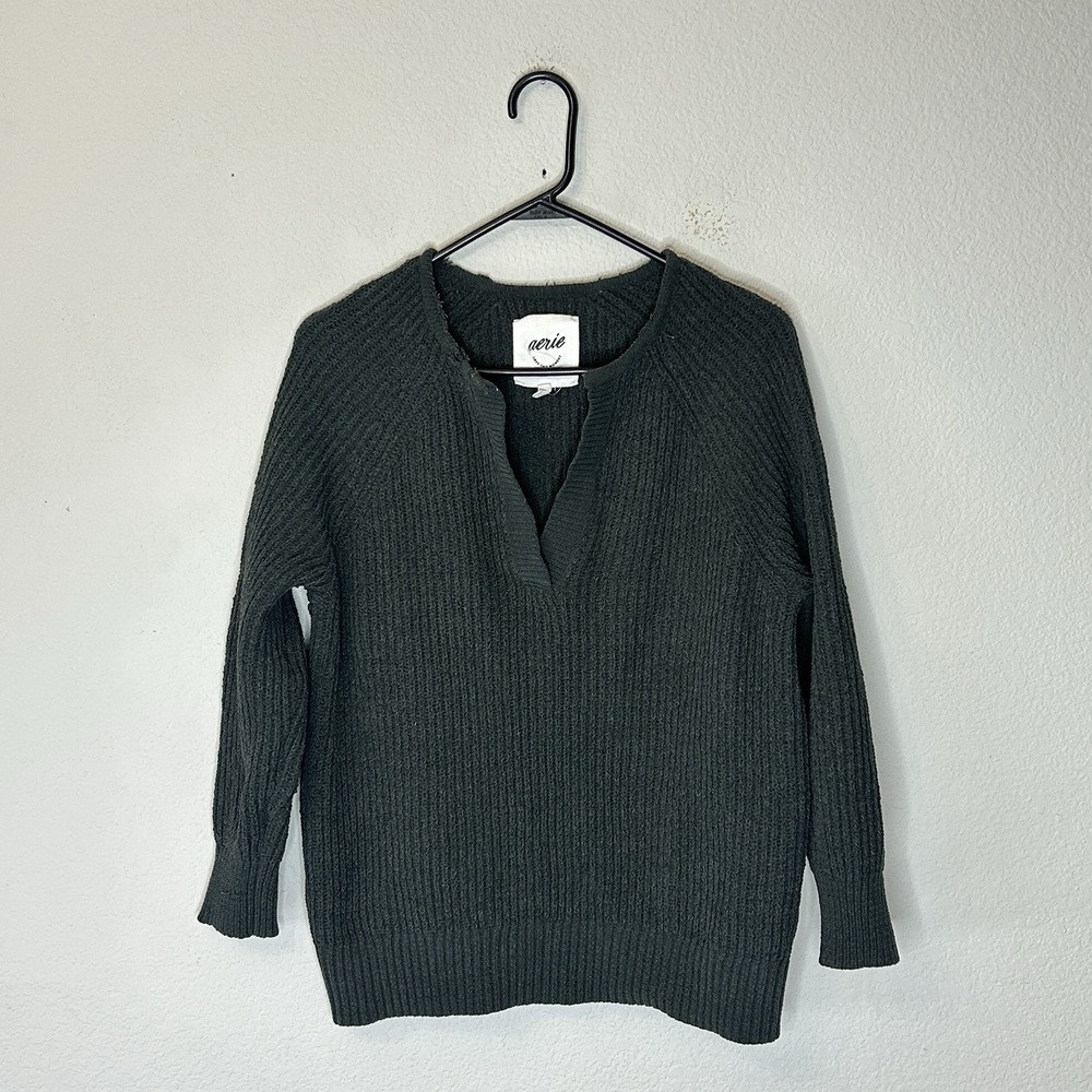 Aerie Ribbed V Neck Chunky Knit Charcoal Pullover Sweater Women's Size XS